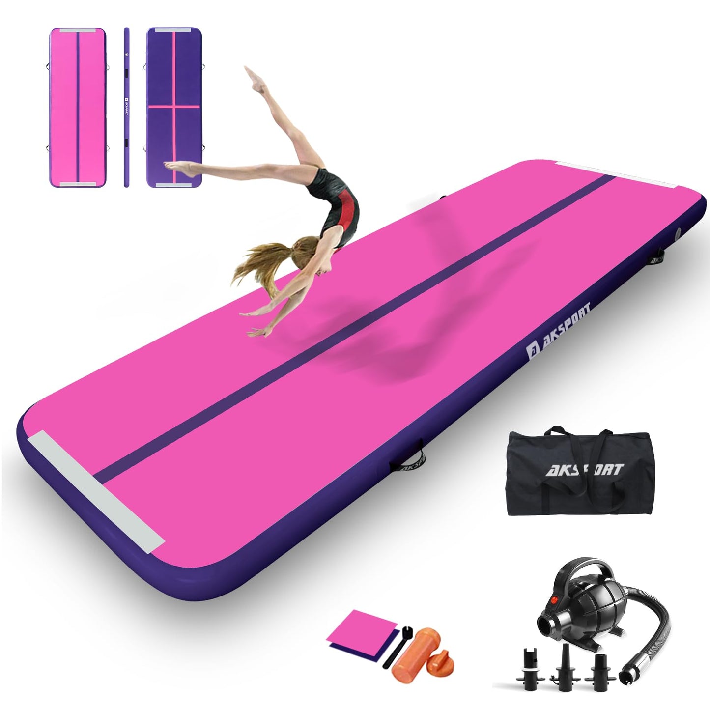 AKSPORT Air Mat Tumble Track Gymnastics Tumbling Mat Inflatable Floor Mats With Electric Air Pump for Home Use/Tumble/Gym/Training/Cheerleading/Parkour/Beach/Park/Water (Fuchsia, 9.84ft)