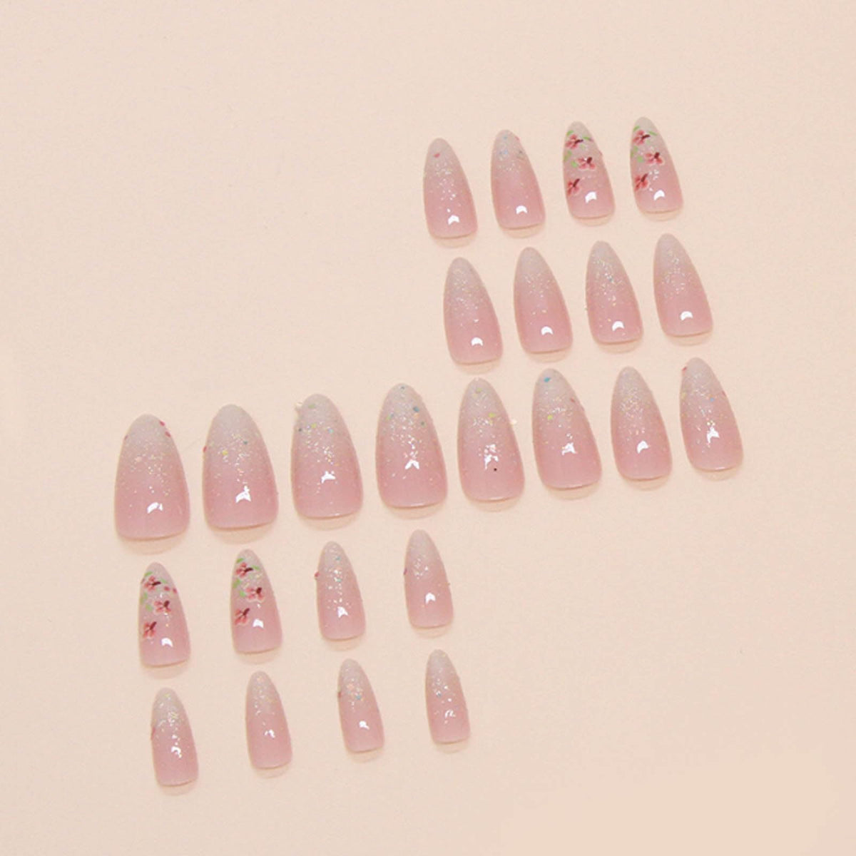 Hkanlre Gradient Pink Fake Nails Tips Bling Press on Nails Full Cover Almond False Medium Nails for Women 24PCS