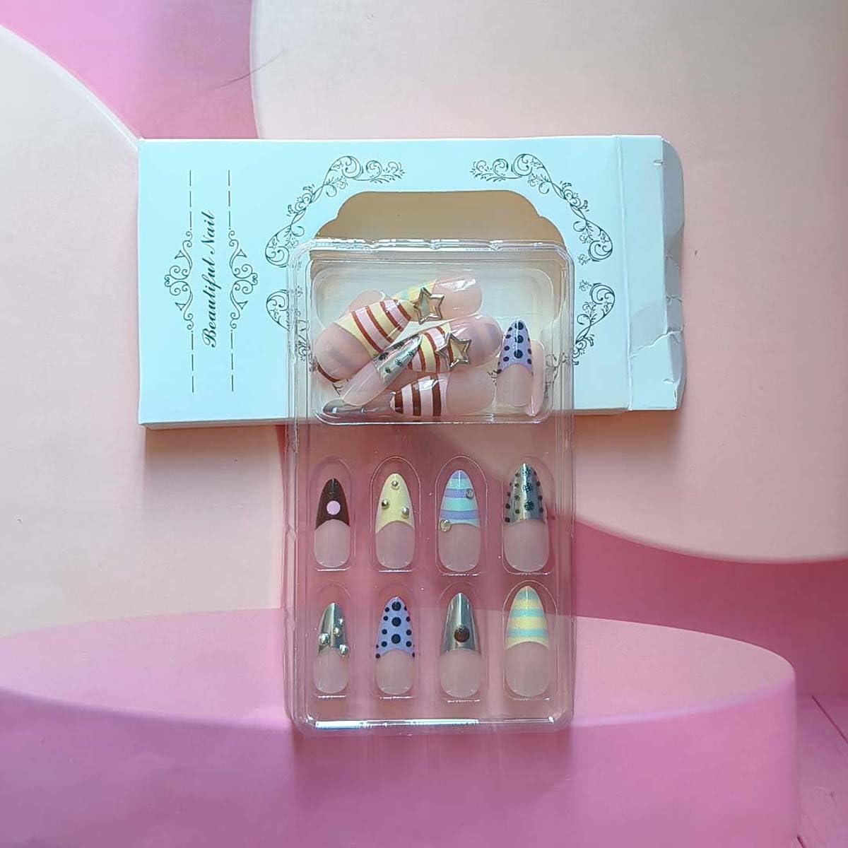 LINMEIZAI 24 Pcs French Tip Press on Nails Short Almond Y2K Fake Nails Press ons Nail Tips Glue on Nails Acrylic Nail Kit with Rhinestones Styles Design False Nails Stickers Nail Art for Women