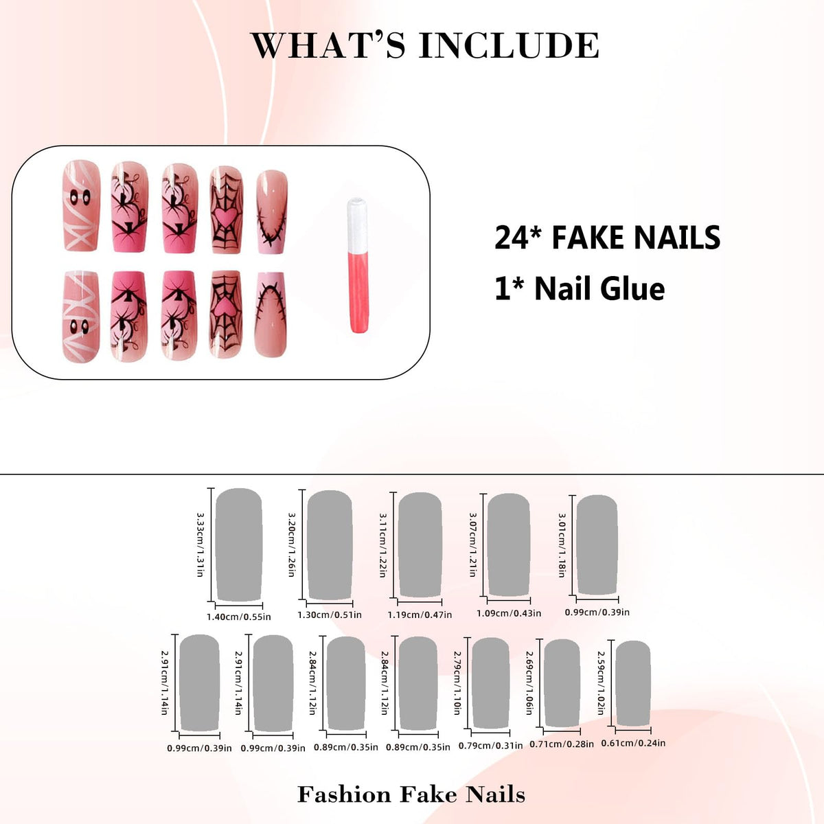 IMRAIN Halloween Press on Nails Long Square Fake Nail Pink French Tips False Nails Full Cover Glossy Glue on Nails for Women Manicure Decor