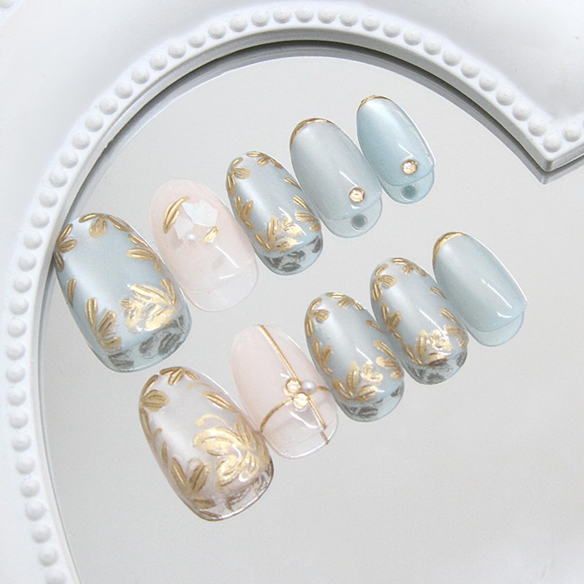24Pcs Gold French Tip Fake Nails Short Press on Nails Gilded Flower Leaves Full Cover Glossy False Nails with 3D Rhinestones Glue on Nails Glitter Fall Floral Artificial Nails for Women Manicure Kit