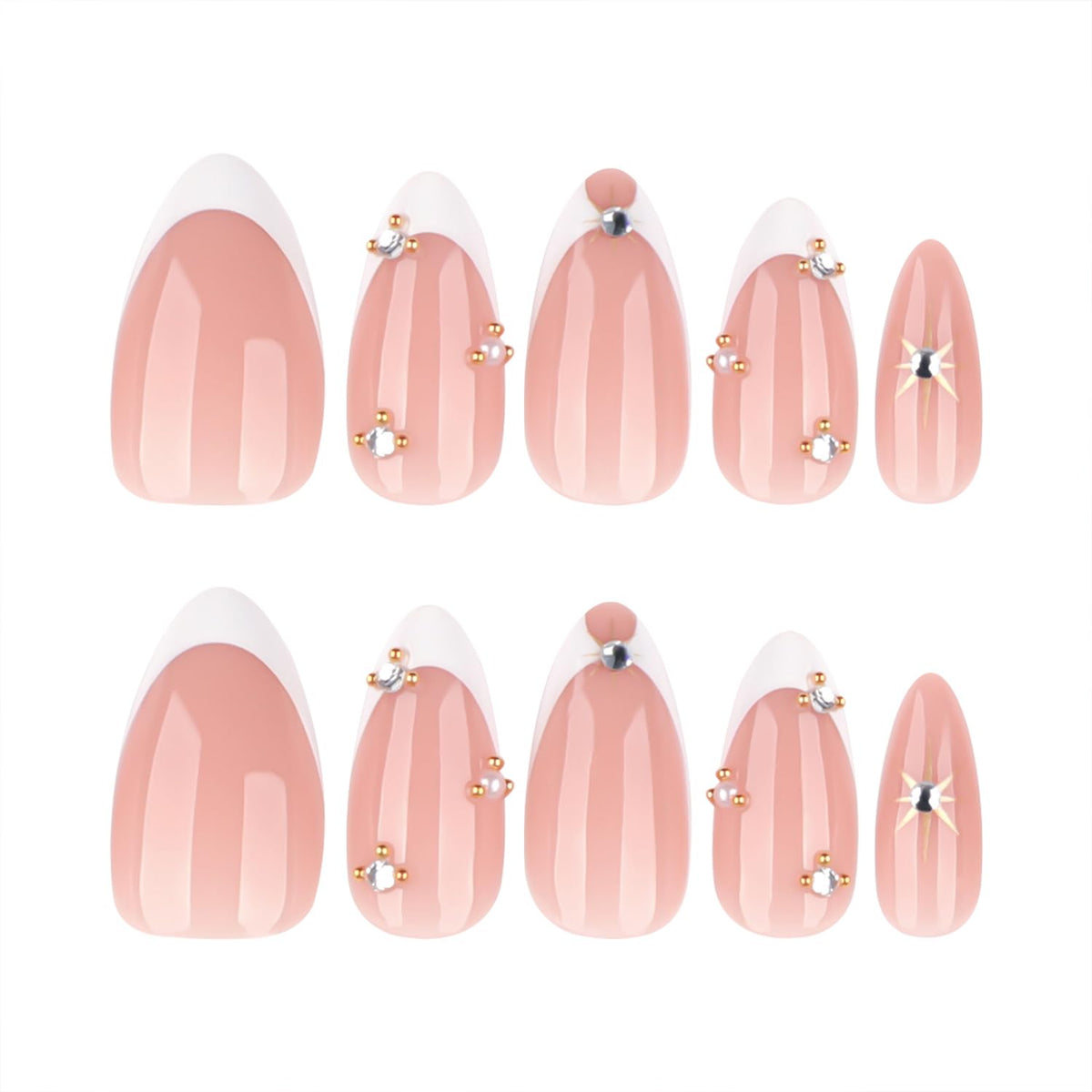 Mivota Luxury Soft Gel Press On Nails Almond French Tip Nude Pink with Gold Rhinestones, Reusable Glue On Fake Nails for Women, Salon Quality Manicure Set