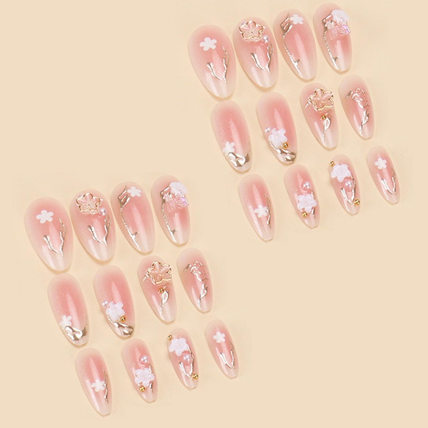 IMSOHOT Press on Nails Medium Almond Fake Nails Pink Ombre Glossy Glue on Nails Full Cover 3D Golden Flower Stick on False Nails for Women Girls 24Pcs