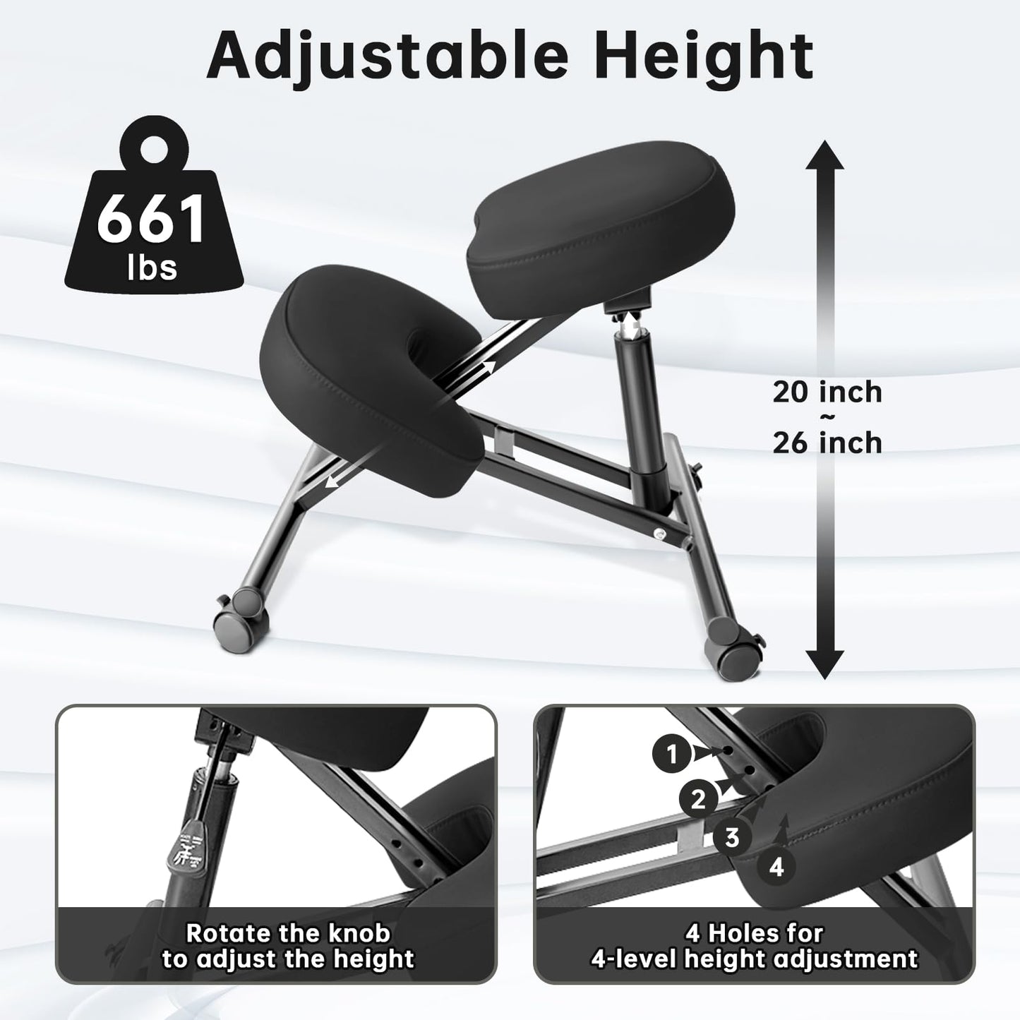 DENGTELI PU Leather Ergonomic Kneeling Chair, Adjustable Home and Office Stool with Thick Pads and Flexible Lockable Brake Wheels for Back Pain Relief(Black)