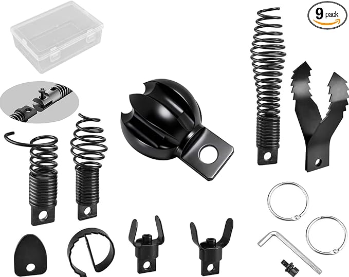 8+1 Heavy Duty Drain Snake Kit 6-Blade Grease Cutter + 8-Piece Clog Remover Set â Rustproof Manganese Steel & CNC Machined â Fits 3/8" to 3/4" Cables