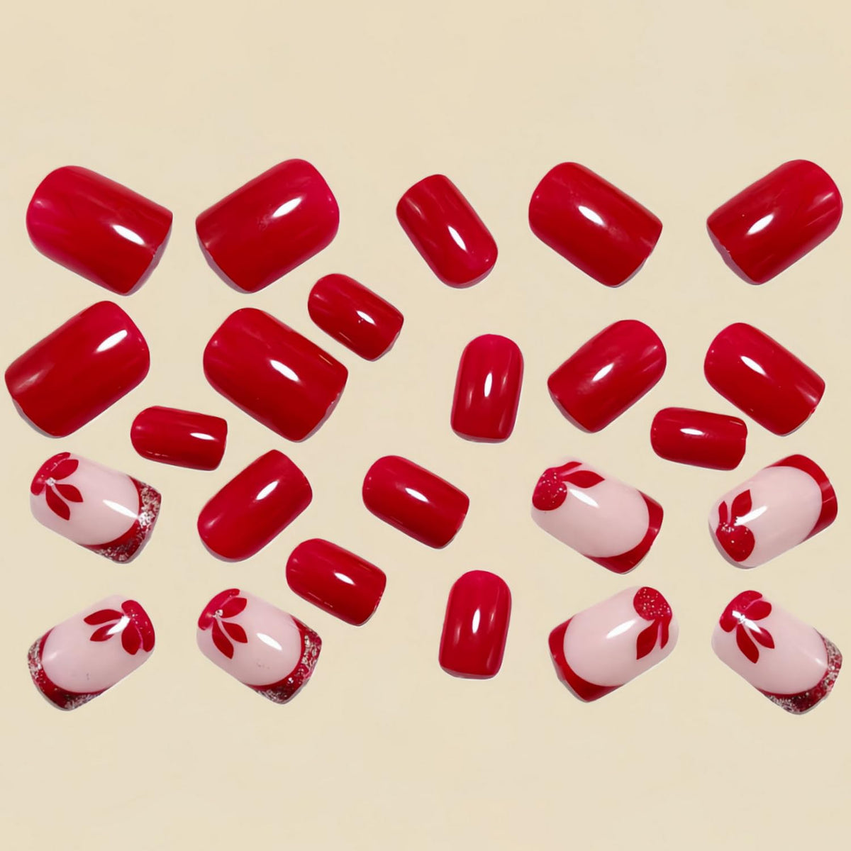 Red Press on Nail Short Square Fake Nails French Tip with designs Flower Acrylic Stick on Nail Glitter Artificial Glossy Cute False Nails Full Cover Reusable Glue on Nails for Women Spring Summer