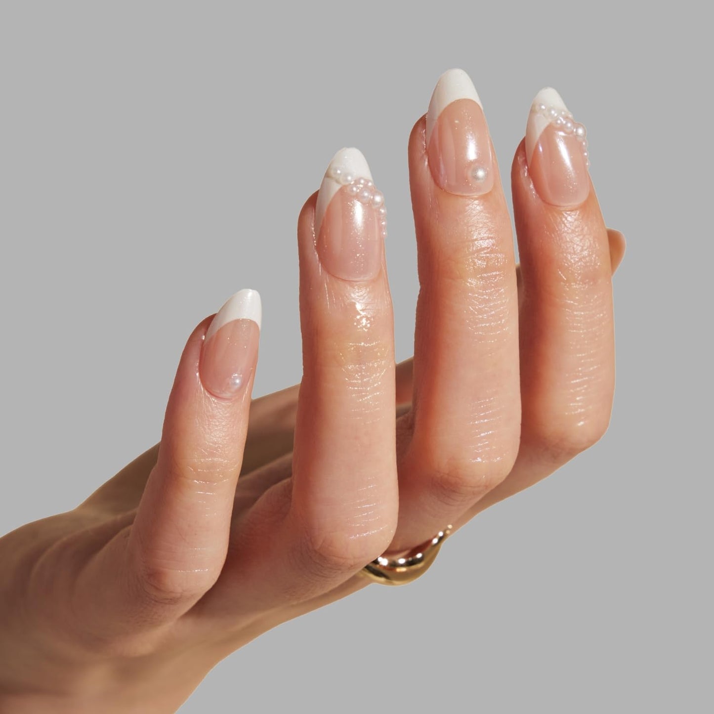 LAMIMOSA 32Pcs French Tip Press on Nails Short Almond - Soft Gel Fake Nails in 16 Sizes with 3D Pearl Accents, Reusable Semi-Transparent Glue on Nails kit in Glazed Finish, PEARLY WISH