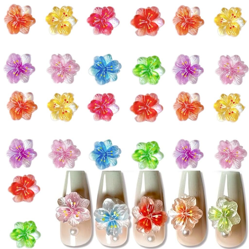 100PCS Glitter Peach Blossom Nail Art Charms 3D with Ice Clear Powder Flowers Mixed Spring Summer Jelly Color Floral Diamond Nail Jewelry Tiny Flowers Nail Design for Women Manicure Supplies