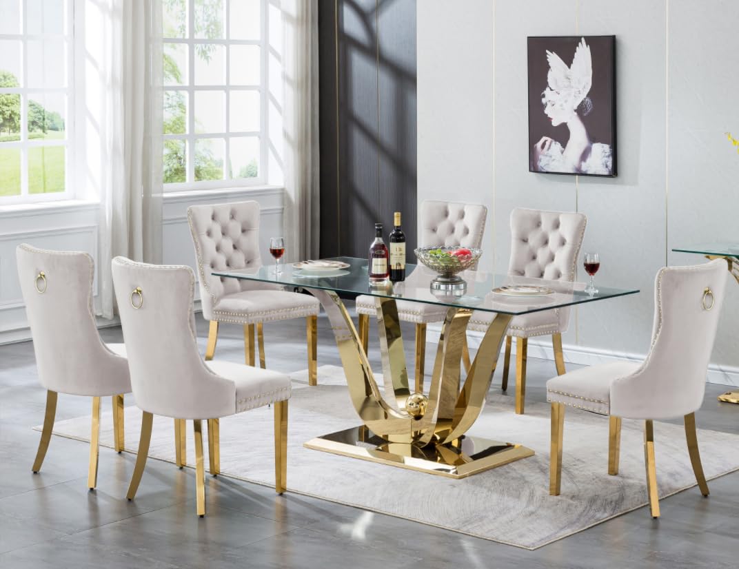 Maxtude 7 Piece Dining Table Set, Gold Dining Room Table with 6pcs White Velvet Dining Chairs, 70" Glass Dining Table Set for 6 with Stainless Steel Base for Kitchen Dining Living Room