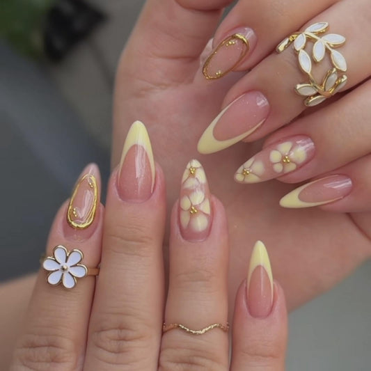 French Tips Press on Nails Medium Almond Fake Nails with Yellow Flower Design Glossy 5D Gold Lines Glue on Nail Floral Nails Press ons Reusable Full Cover Spring Summer Nail for Women Manicure 24Pcs