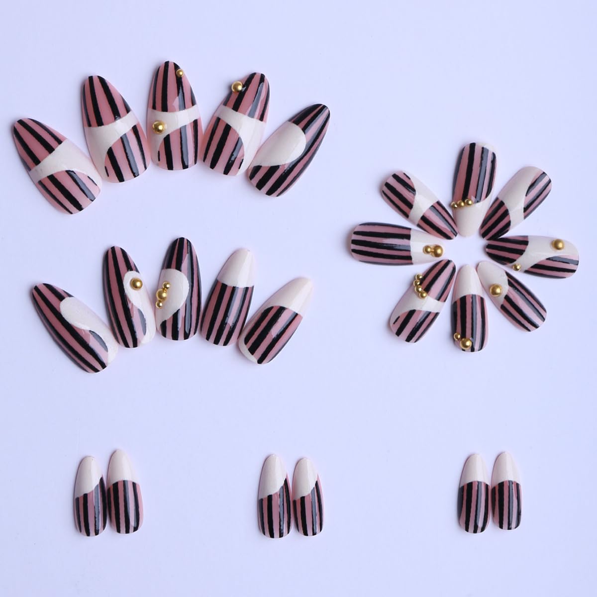 plalely Long Press on Nails Almond, Pink and White Acrylic Press on Nails with Stripes and 3D Gold Designs, Long Almond Nail Tips for Women 24pcs