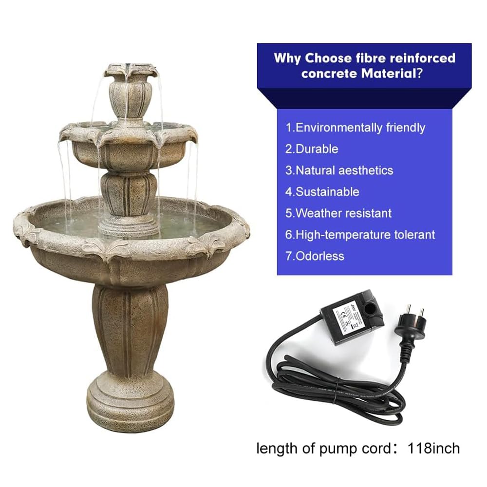 ourrco 48” H Outdoor Floor Water Fountain, 3-Tiers Concrete Water Fountain with Submersible Electric Pump - Garden Cascading Waterfall for Yard Patio Lawn Home Decor
