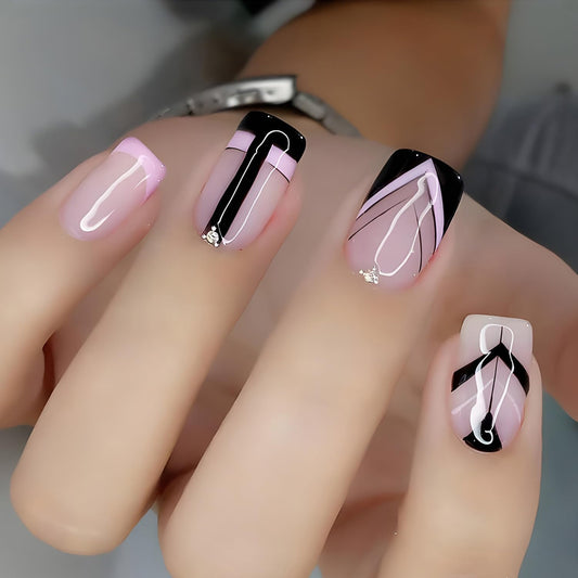 Vezocim Pink Press on Nails Square Shapes 24Pcs French Tips Glossy Full Cover Medium Acrylic Square False Nails with Designs Artificial Coffin Fake Nails Glue ons Fingernails with Charm for Women