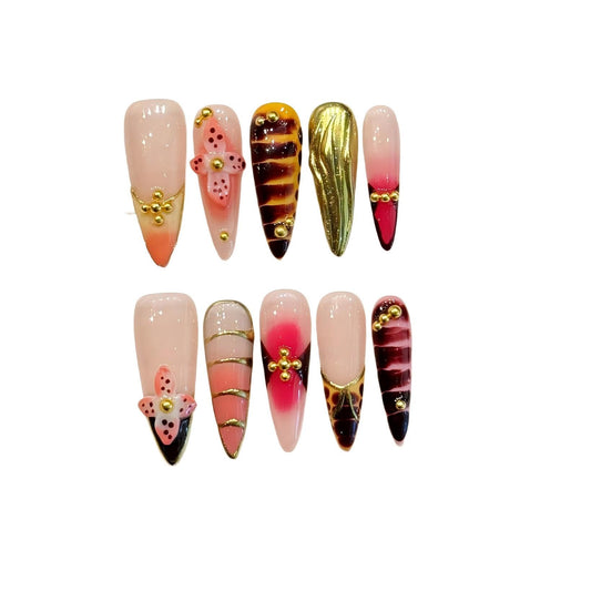 Long Press on Nails Handmade Almond Fake Nails French Tip False Nails 3D (S)