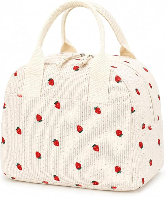 LOVELYWIND Insulated Strawberry Lunch Bag for Women, Stylish Corduroy Tote with Aluminum Lining, Large Capacity Reusable Cooler for Work, Travel, Beach or Picnic, Beige Cream Water-Resistant Lunch Box