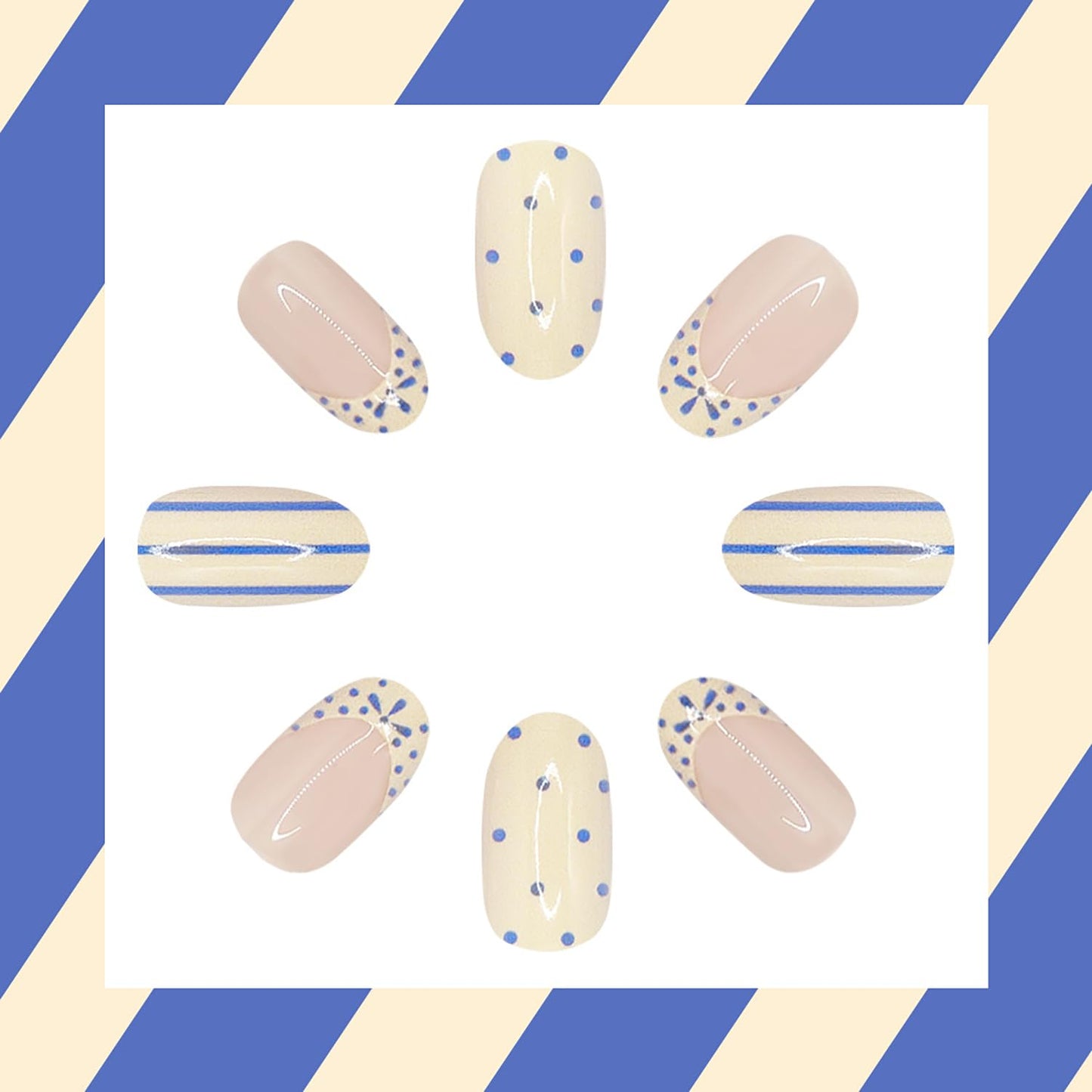 Polka Dot Press On Nails Short Almond Fake Nails French False Nails With Blue Stripe Design Reusable Acrylic Nail Press Ons Glossy Full Cover Glue On Nails For Women Manicure 24Pcs
