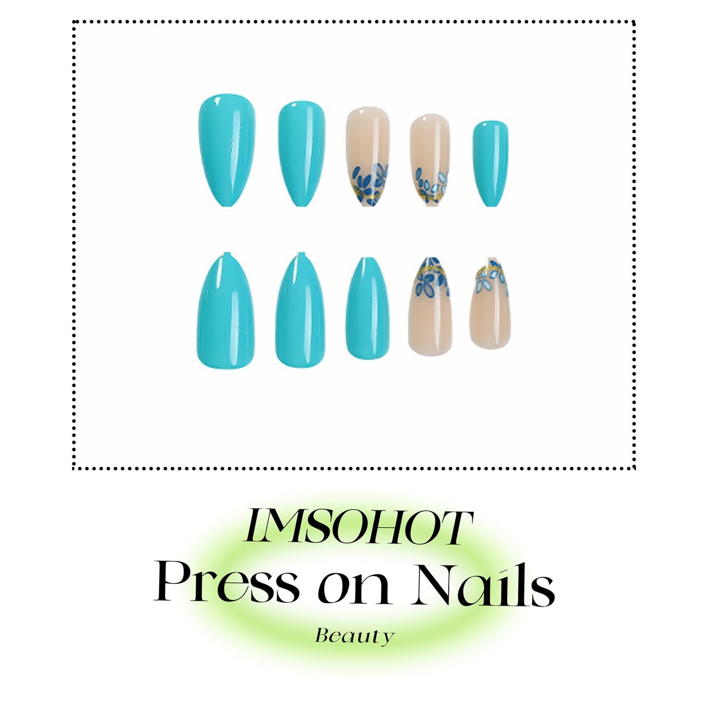 IMSOHOT Press on Nails Medium Almond Fake Nails with Blue Flower Design Glossy Gel False Nails Full Cover Artificial Acrylic Glue Stick on Nails for Women Manicure Kit 24Pcs