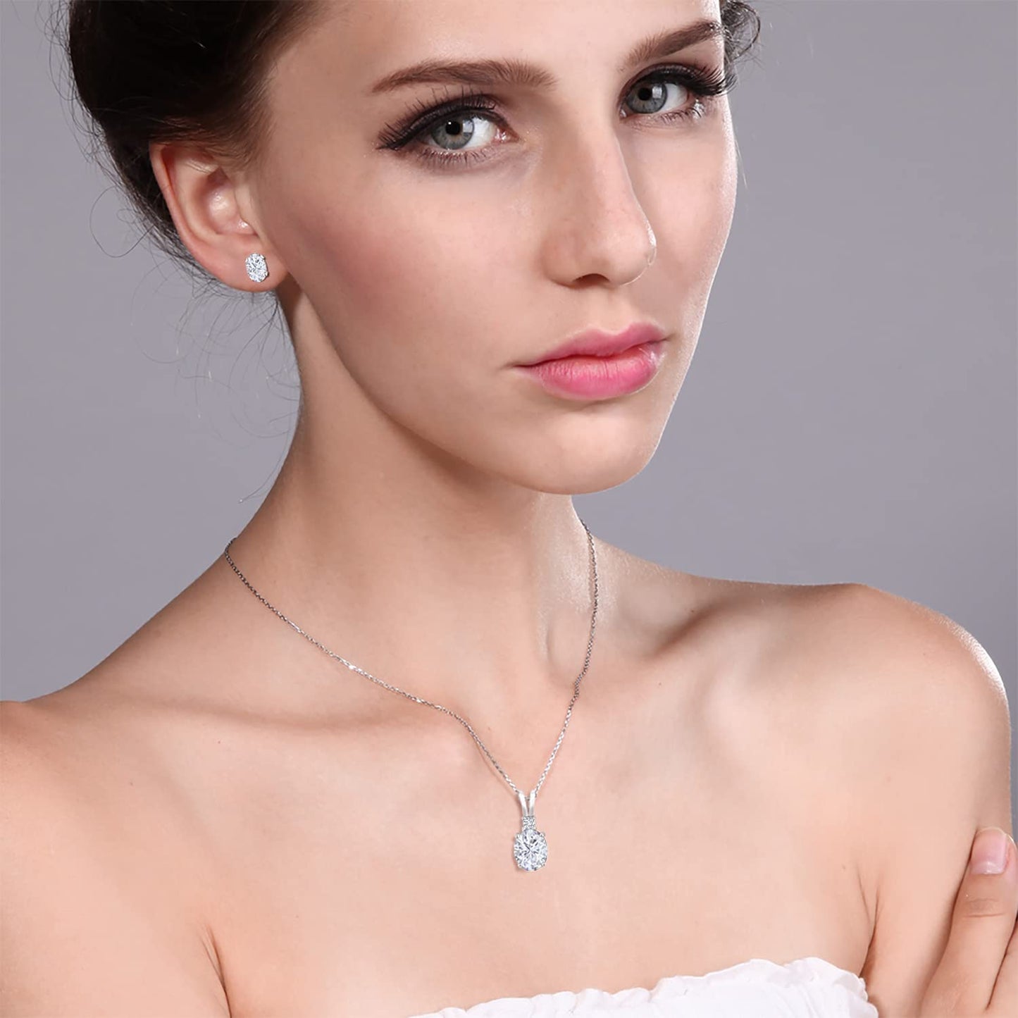 Gem Stone King 3.37 Cttw White Moissanite and White Diamond Pendant Necklace Earrings Set For Women | 925 Sterling Silver | Oval 8X6MM and 7X5MM | With 18 Inch Chain