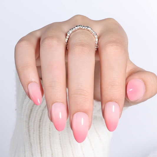 Leefrei Peach Fade Press On Nails - Glossy Blush Tips Press On Nails Short Almond Nails Press Ons for Women Fake Nails with Glue, Reusable Glue on False Nail in 16 Sizes - 32pcs, Peach Fade