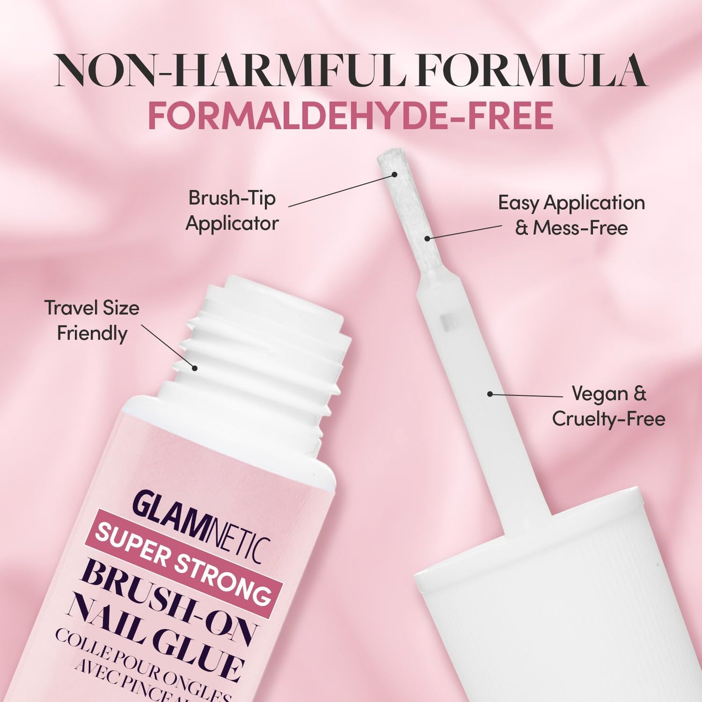 Glamnetic Press-On Nails - Flamingo Pink | Super Strong Brush On Nail Glue & Nail Adhesive Tabs | Classic Pink Short Almond Fake Nails | 15 Sizes - 30 Nail Kit with Glue & Nail Tabs