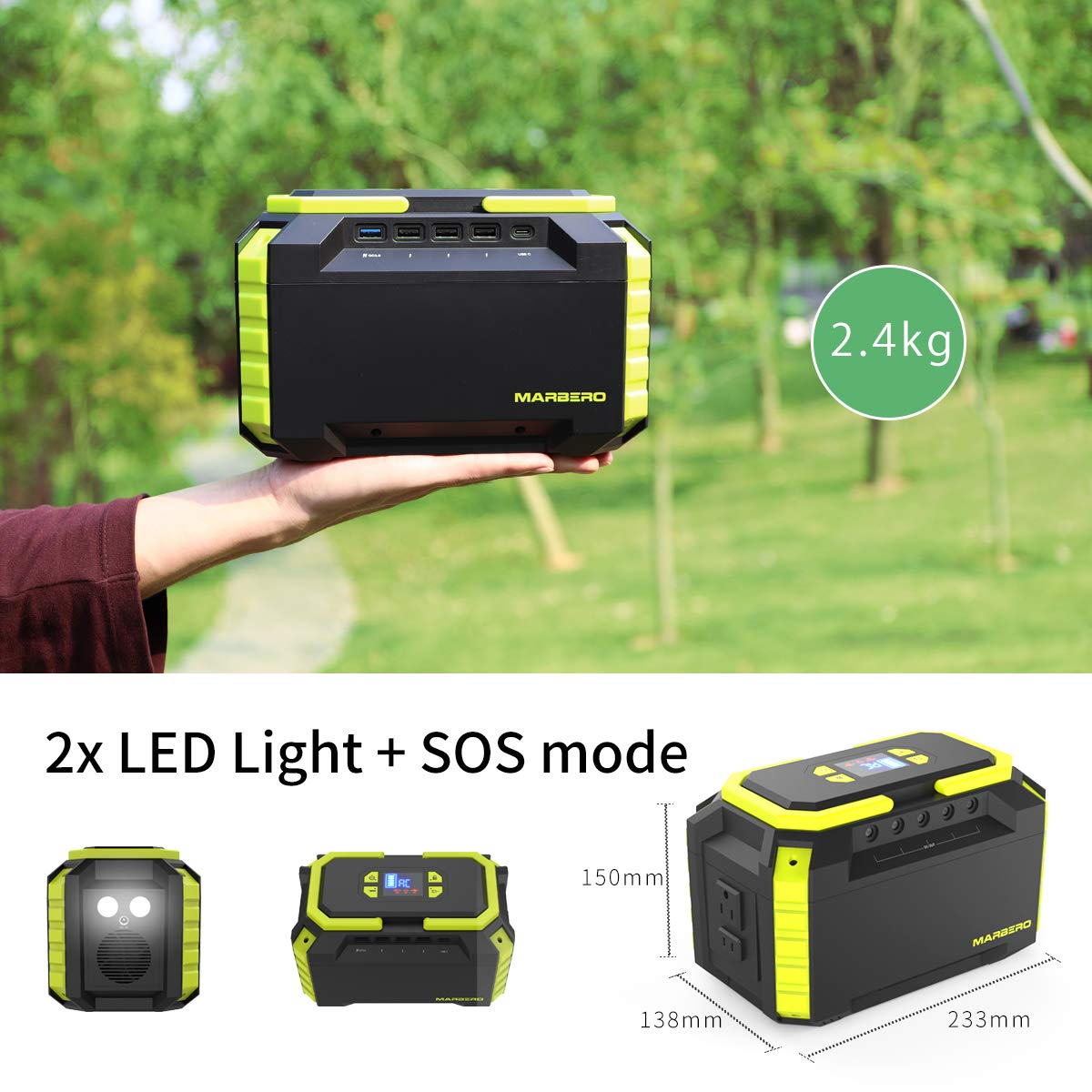 MARBERO 222Wh Portable Power Station 200W Solar Generator 60000mAh Power Bank with AC Outlet 110V 200W DC USB LED Flashlights Lithium Battery Power Supply for CPAP Camping Backup Emergency Home