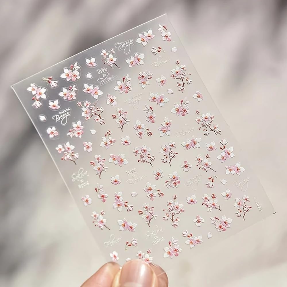 5D Embossed Flower Nail Stickers for Nail Art Designs 1PCS Cherry Blossoms Nail Decals Spring Summer Manicure Sliders Self-Adhesive Floral Supplies Pink Flower Nail Art Stickers for Nail Decoration