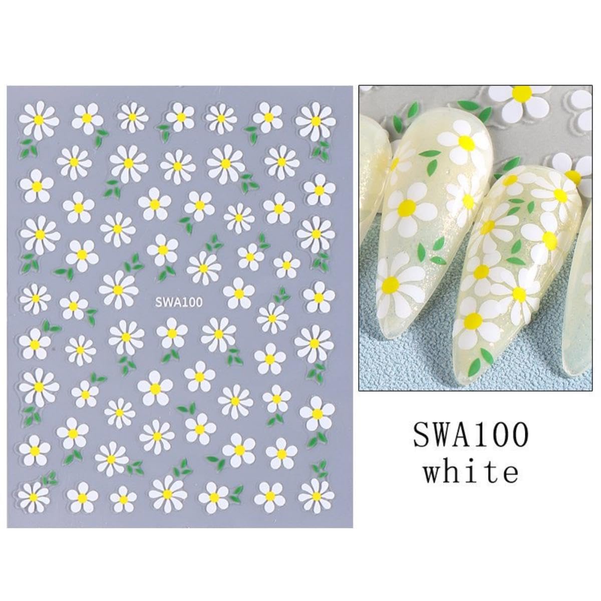 Flower Nail Stickers 3D Self-Adhesive Yellow Floral Nail Art Stickers Pink Daisy Nail Decals Red Flower Nail Designs Green Leaf Summer Nail Art Decoration for Women Girls Manicure 6 Sheets