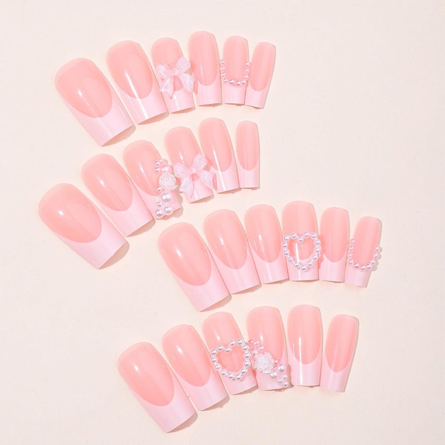 IMRAIN French Tips Press on Nails Long Square Pink Fake Nails 3D Flower Pearl False Nails Glue on Nails with Bow Heart Designs Glossy Full Cover Handmade Gel Acrylic Nail Set
