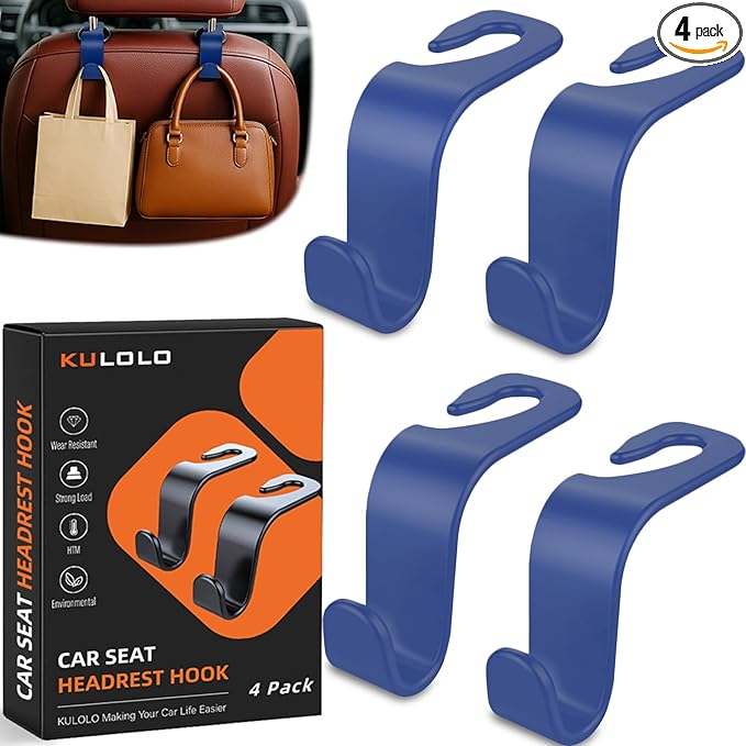 Car Seat Hooks & Purse Holder - 4 Pack Boxed,55 lb Heavy Duty,Eco PP Car Hooks for Purse/Bag/Baby Gear/Gym Bag/Groceries/Cup/,Fits 0.32-0.55Ã¢ÂÂCar Headrest Rods (Dark Blue)