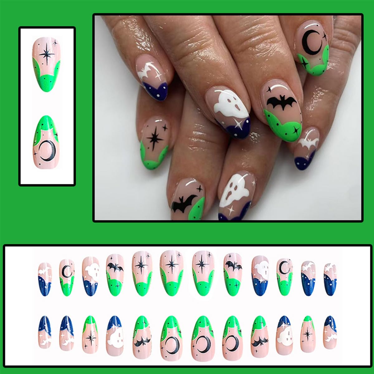 24Pcs Halloween Nails Ghost Bat Press on Nails Medium Almond Green French Tip Fake Nails with Star Designs Halloween Acrylic Nails Artificial Full Cover Glue on Nails Spooky Stick on Nail for Women