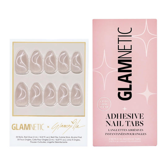Glamnetic x GLAMZILLA Press-On Nails & Adhesive Nail Tabs - WOO-MAN! | Gray Short Almond Fake Nails with Velvet Cat Eye | 15 Sizes - 30 Nail Kit with Adhesive Tabs