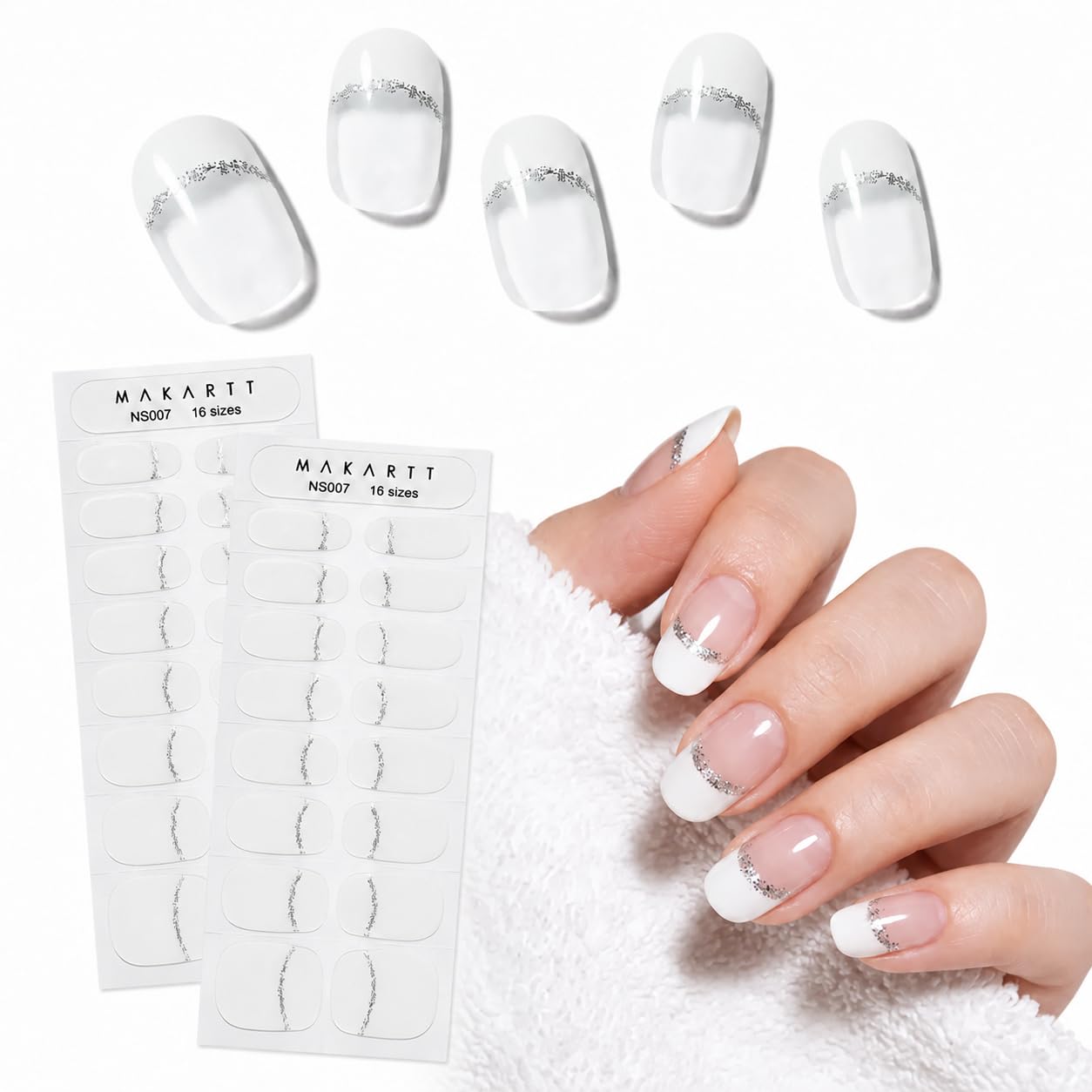 Makartt Semi Cured Gel Nail Strips Kit 2 Packs – Real Gel, Hema & TPO Free, 16 Sizes Anti-Lift Design, UV Required, Long Wear, Dual-Ended Tool & Prep Kit (White French Tip)