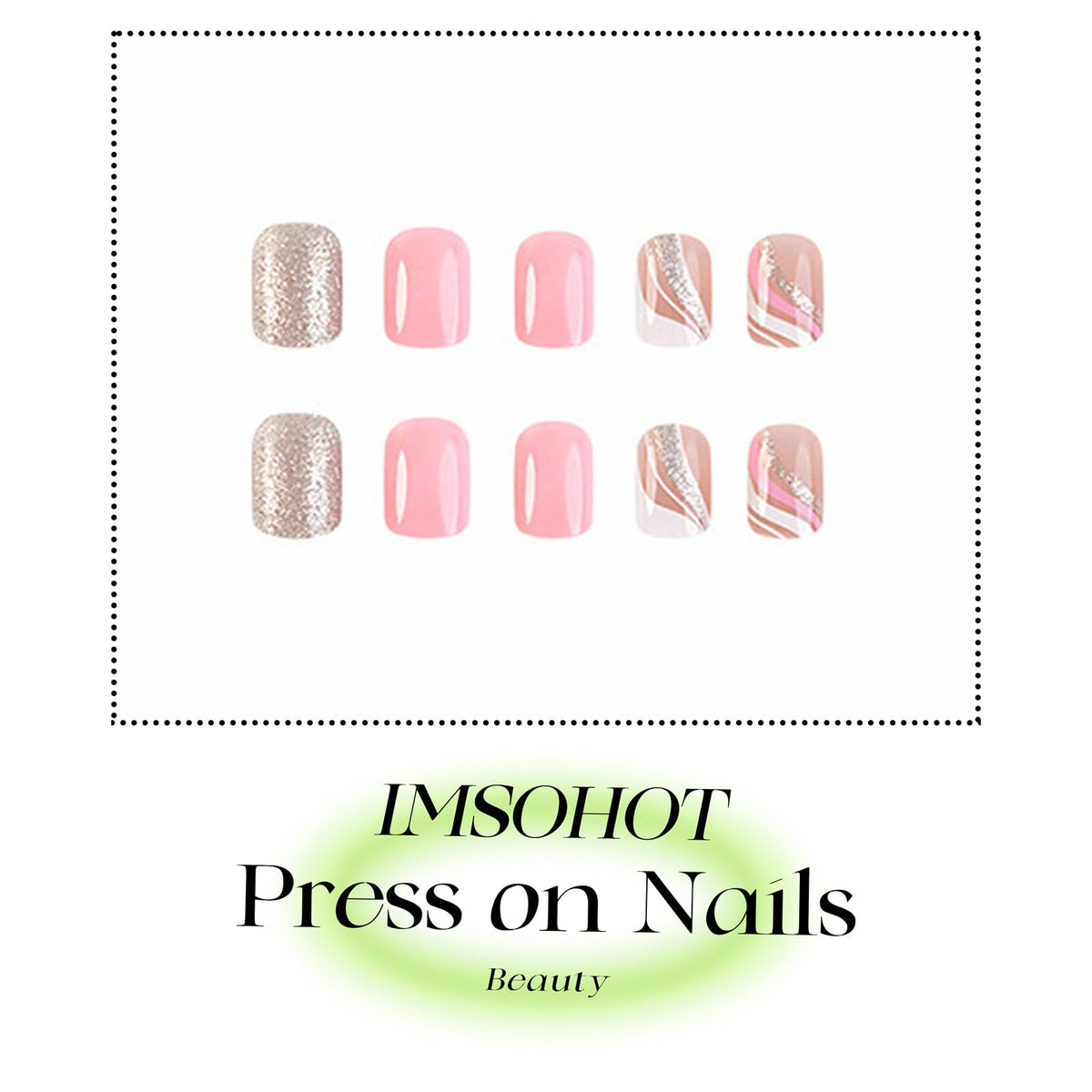 IMSOHOT Short Press on Nails Square French Tips Fake Nails Pink Silver Glitter Designs Full Cover Cute Acrylic Glossy Squoval Glue on False Nails for Women Girls 24Pcs