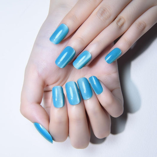 XZMeiLun Cat Eye Aqua Blue Press On Nails Medium Long Length Square, Designer Reusable Acrylic Fake Nail with Glue, Glossy Gel Nails Wedding Party, Stick On Glue On Nail, Nails Press Ons for Women