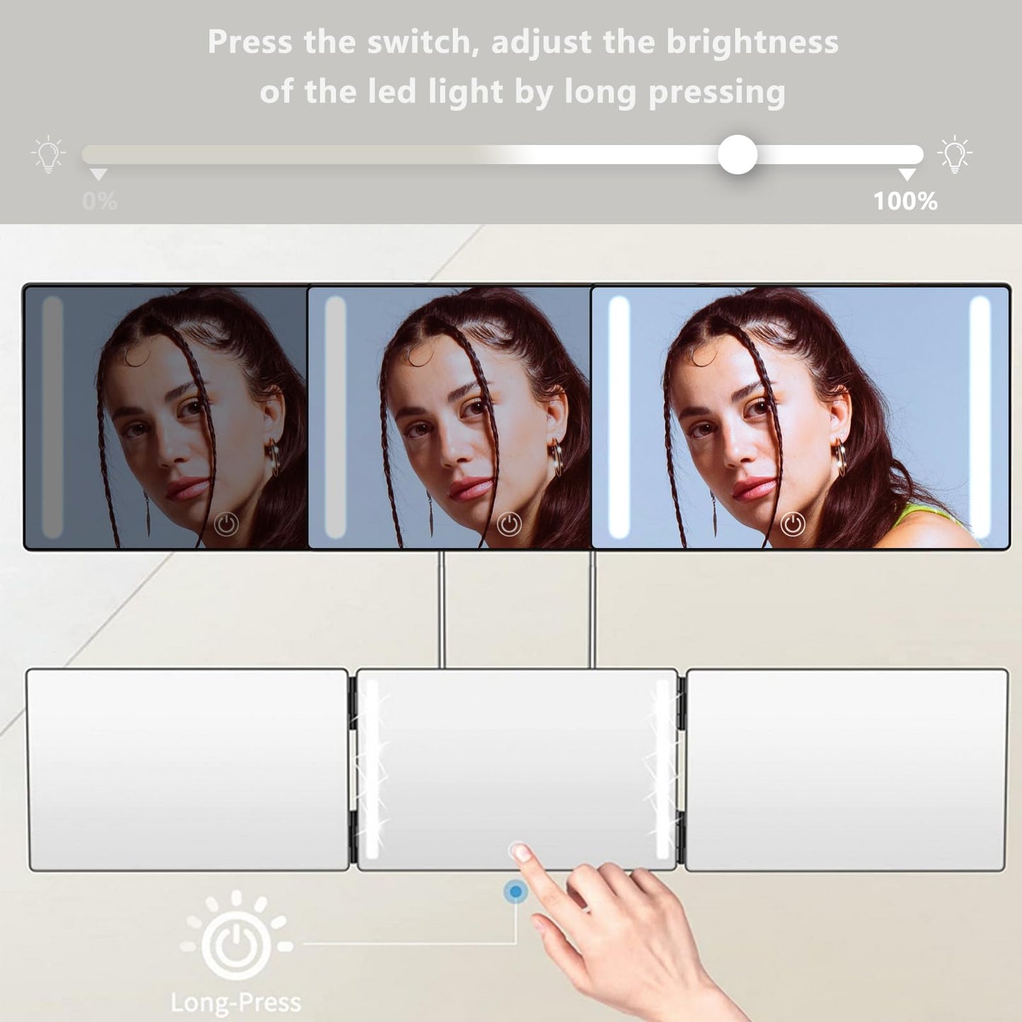 IUDLHKK 3 Way Trifold Mirror with Adjustable Height Brackets - Perfect for Haircuts, Dyeing Hair & Makeup - 5X Magnification (Black with LED)