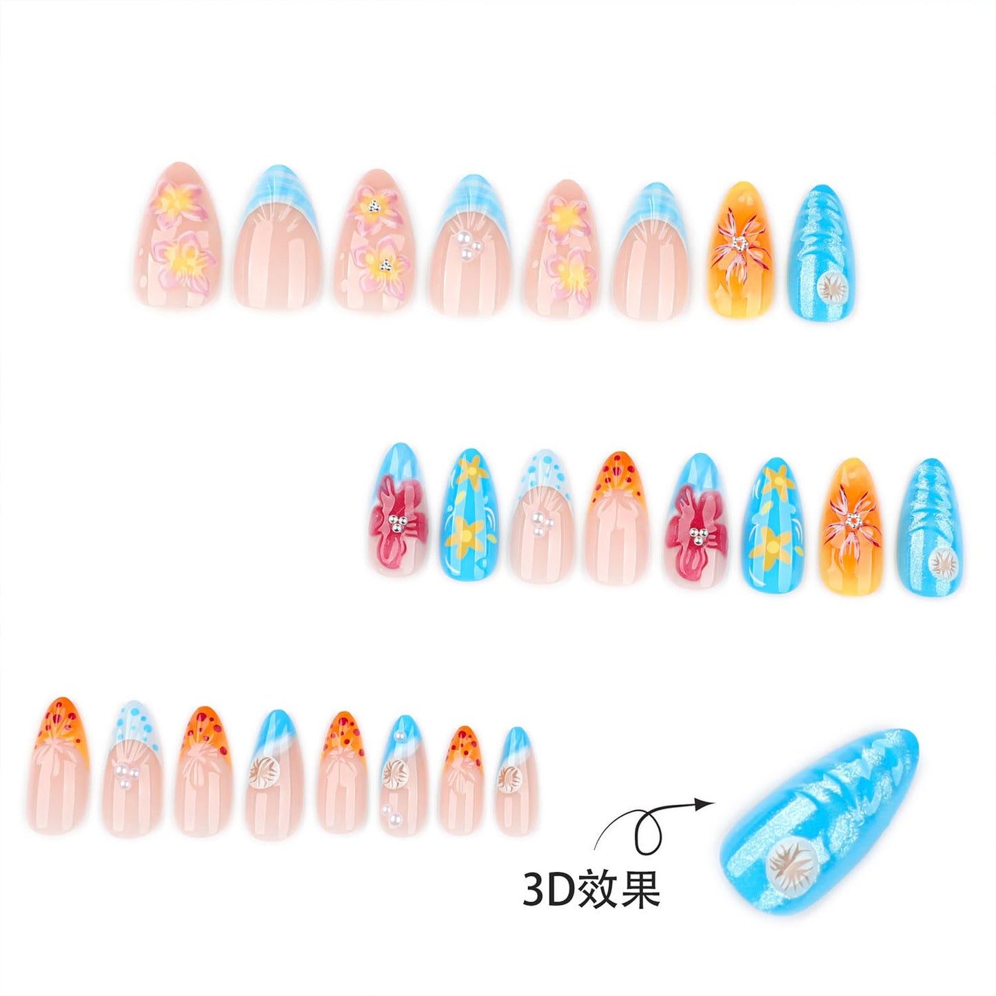 24 Pcs 3D Flower Press on Nails Medium Almond Fake Nails with Pearl Floral Designs Full Cover Glue on Nails Glitter Acrylic Blue and Yellow False Nail for Women