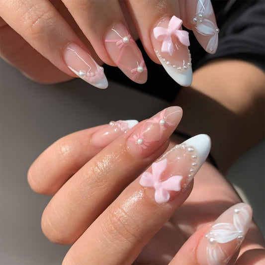 Almond Press on Nails Medium, 3D Pink Charms Bow Fake Nails French Tip Nails Press ons with Pearl Exquisite Design,Glue on Nails Glossy Acrylic Nails for Women Girls Manicure 24Pcs