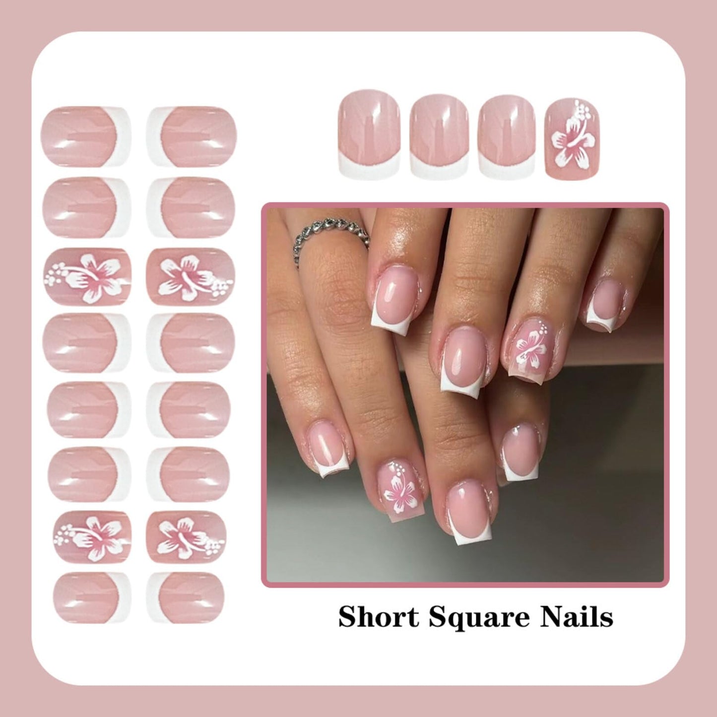 Floral Short Square Press on Nails Soft Nude Base Pink White Hibiscus Accents French Tips Glossy Finish Reusable Spring Nails Easy Apply Fashion Party Wear Durable Trendy Women Girls Nail Art 24 Pcs