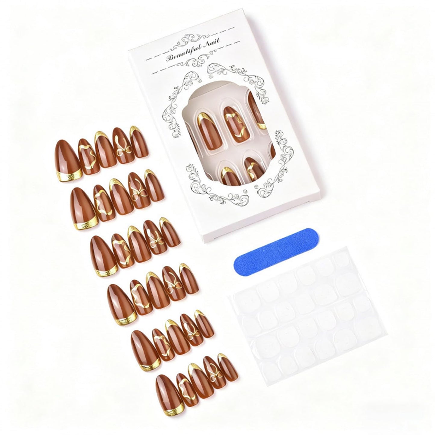 30Pcs Chrome Gold Press on Nails Medium Almond Fake Nails 3D Gold Pearls Bow Designs False Nails Gilded French Artificial Nails Glitter Full Cover Brown Smudge Glossy Acrylic Stick on Nail for Women