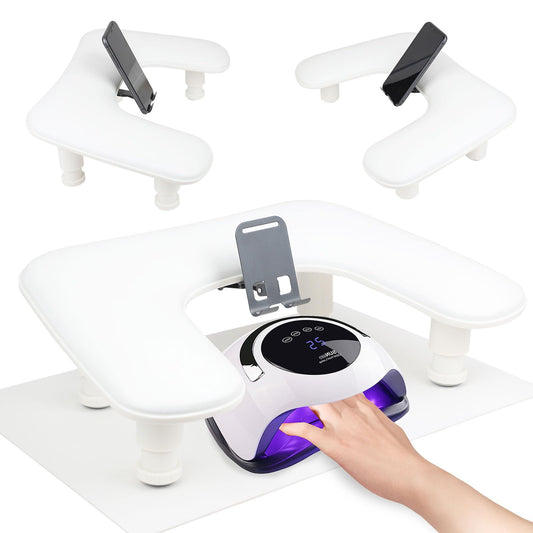 Arm Rest for Nails Tech with Nail Table Mat and Phone Holder,Adjustable Base U-shaped Manicure Nail Hand Rest Stand Pillow Cushion (White)