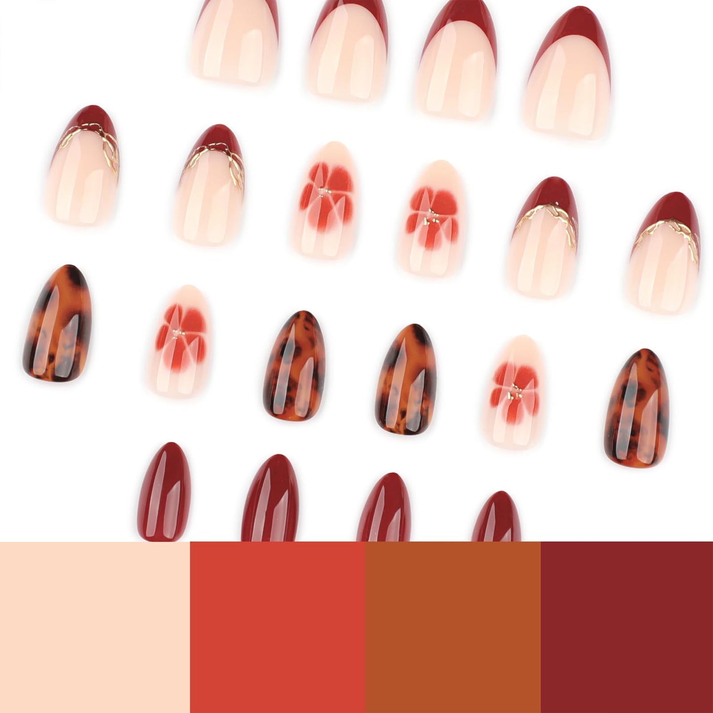 Stbisen French Short Oval Gel Press on Nails, Nude Fake Nails with Wine Red French Tip, Stick on Nails，Glue on Nails with Flower & Brown Tortoise Shell Design, Reusable Press on Nail for Women, 24PCS