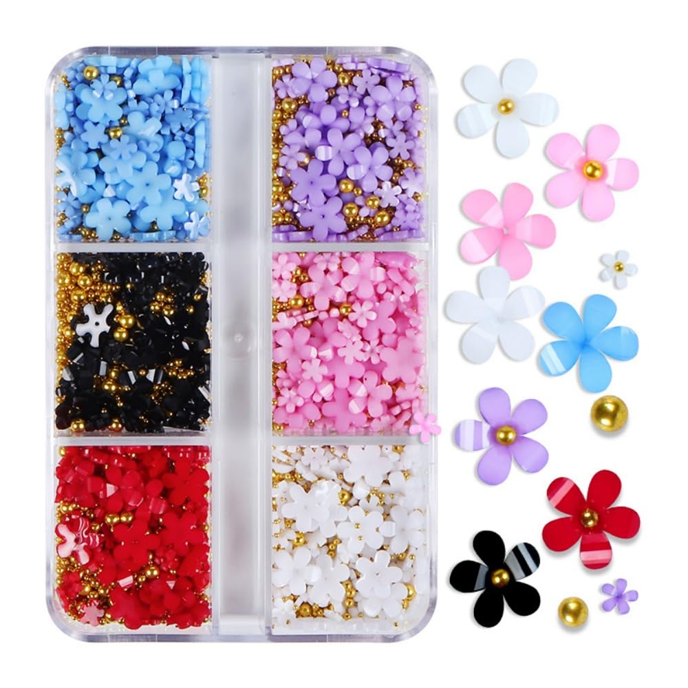 1 Box 6 Color Holographic Flower Nail Glitter Colorful Petal Nail Sequins 3D Red Purple Nail Flakes Sparkly Powder Flakes Shiny Nail Glitter Gold Beads Nail Sequins Glitter for Nails Art 6 Grids