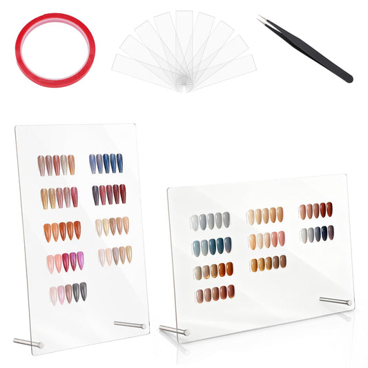 Segbeauty 2pcs Transparent Acrylic Nail Art Colors Display Stand, Horizontal and Vertical Fingernails Tip Holders with Tweezers Small Display Strips Adhesive Tapes for Sample Display Design Practice