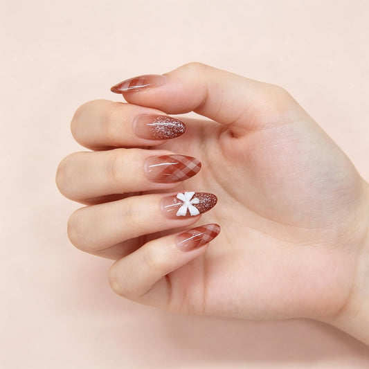 Press on Nails with Checkered Design Plaid Medium Almond False Nails Gingham Fake Nail Glossy Silver Glitter Glue on Nail Rhinestones Stick on Fingernails for Women Sweet Daily Wear
