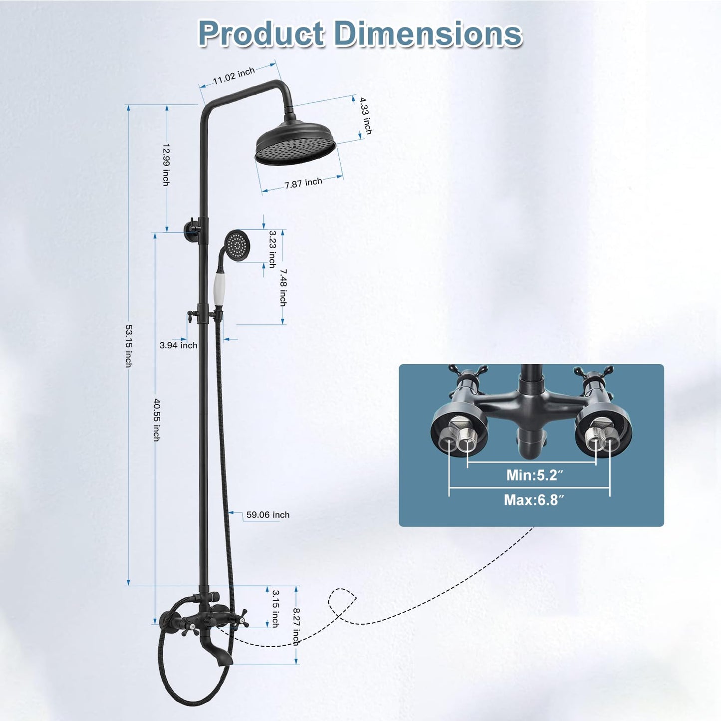 BWE Exposed Bathroom Shower Faucet Set Black Bathroom Shower Faucet Triple Functions 8 Inch Rainfall Shower Head Handheld Spray with Tub Spout Exposed Shower System Double Handle