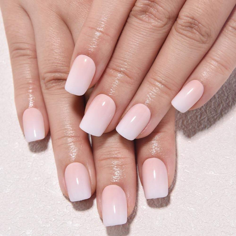 evpct Ombre White to Nude Press on Nails Extra Short, Petite Short Square Glossy Stick on Nails for Women Gift with Manicure Kit, Reusable Soft Gel Stick on Fake Nail with Ombre Designs Perfectly Fit