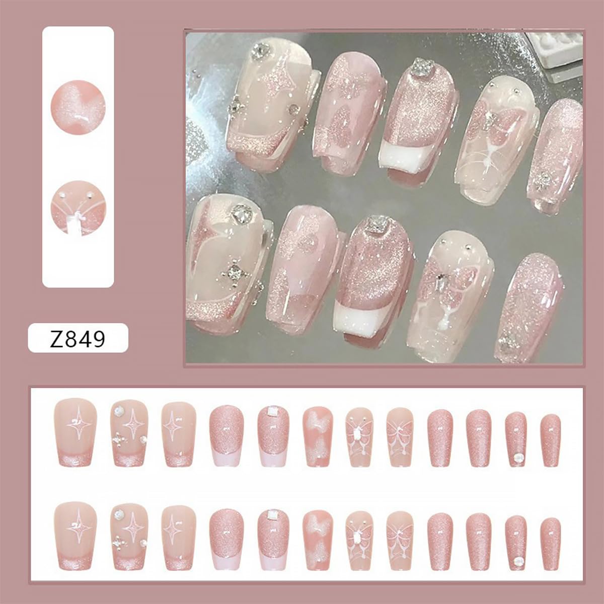 24Pcs Pink Press on Nails Short Coffin Fake Nails Butterfly Star with Rhinestones Design Full Cover Glue on Nails Artificial French Tip False Nails Glitter Stick on Nails for Women Girls Acrylic Nail