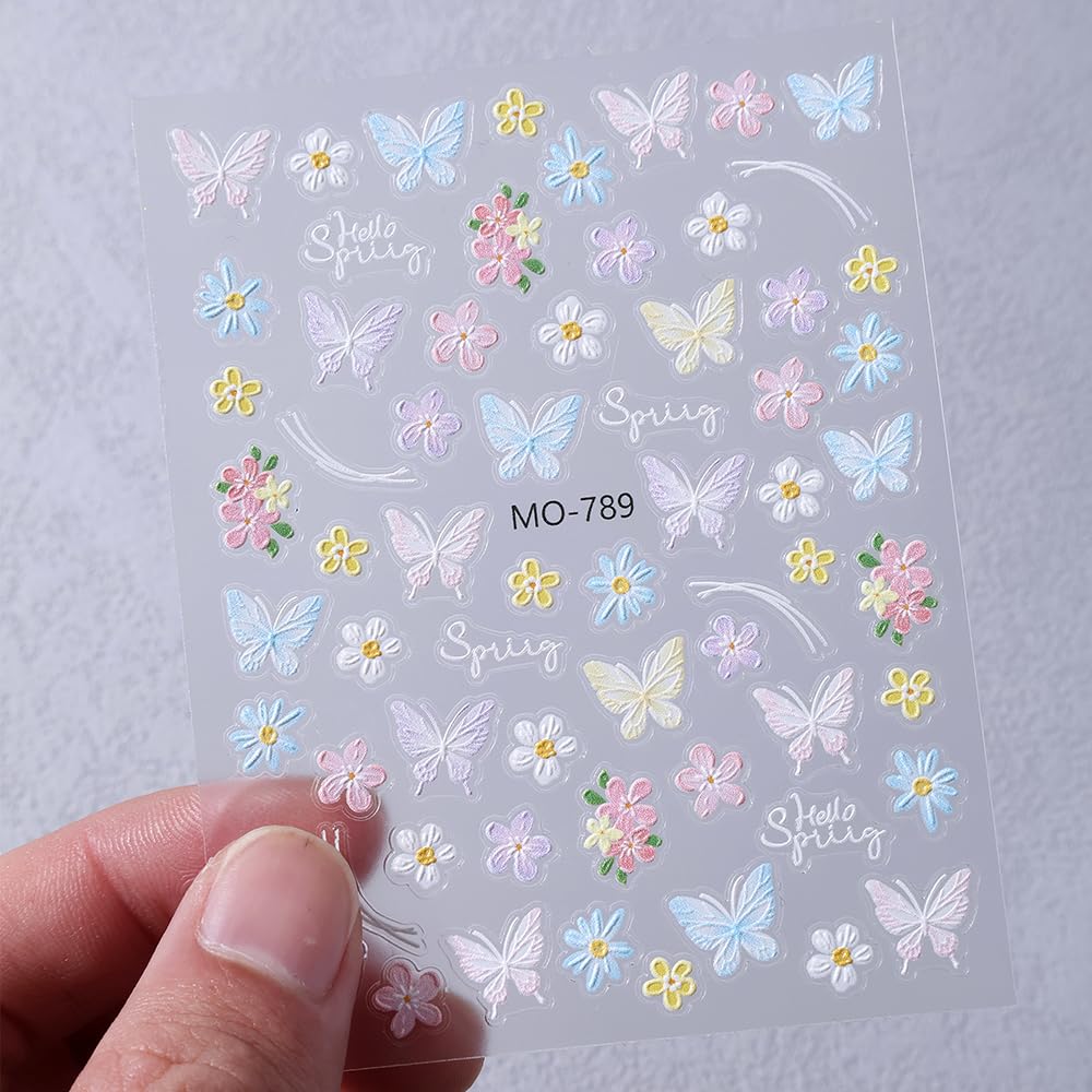Butterfly Flower Nail Art Stickers Summer Spring 5D Embossed Nail Decals 3PCS Self-Adhesive Exquisite Floral Nail Stickers Flower Nail Art Accessories for Women Acrylic Manicure Nail Decoration DIY