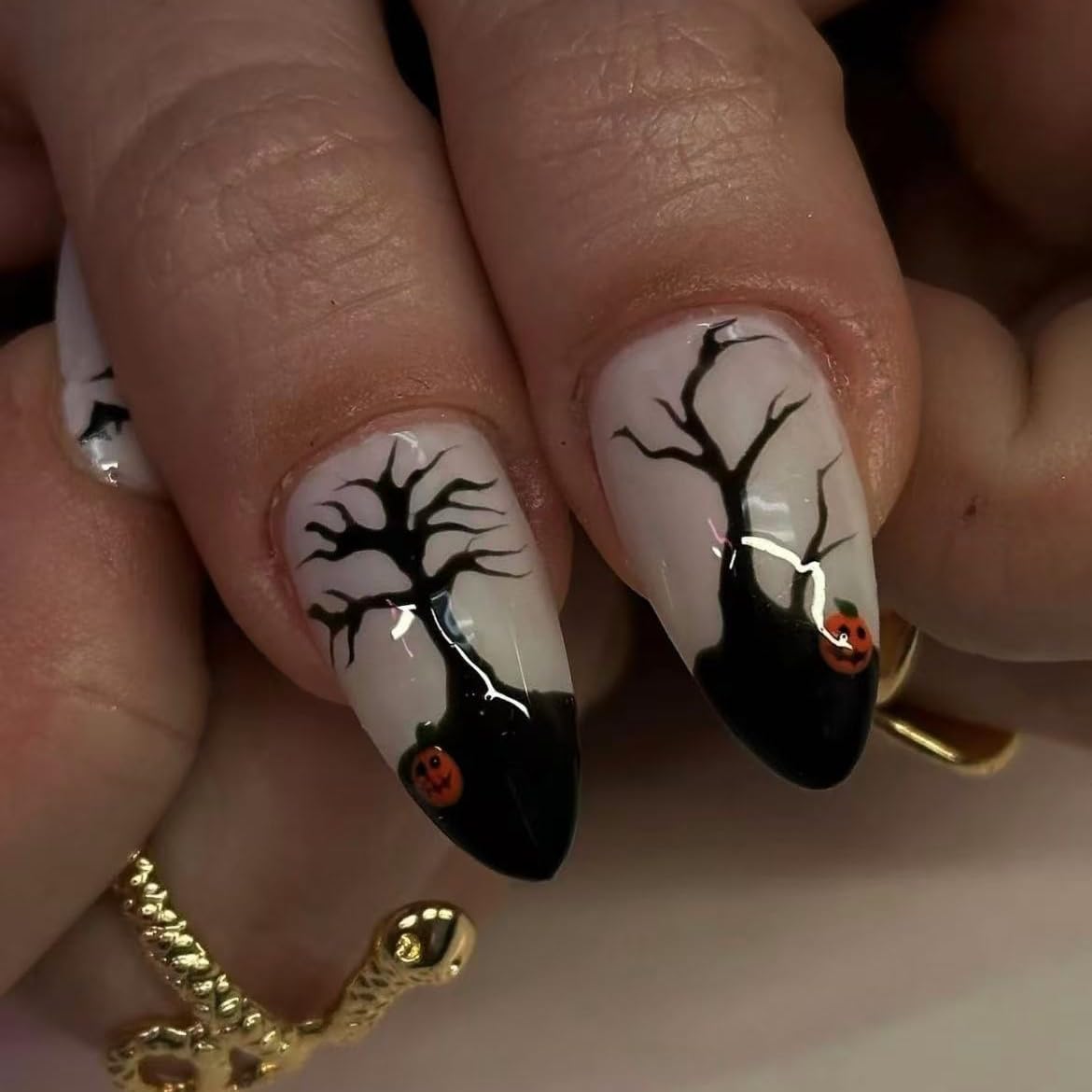 Halloween Press on Nails Short Fake Nails with Ghost Bat Design Almond Nails Glitter False Nails Halloween Full Cover Cute Stick on Nail for Woman Tool Kit Nail 10pcs (MT-151-L)
