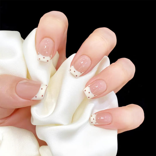 HZJXRT Press on Nails Short Square White French Tips False Nails with Fresh Design, Polka Dots Fake Nail Glossy Brown Stick on Artificial Fingernails Reusable Simple Stick on Nail for Women Daily Wear